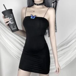 Simple Cute Black Dress Blue Butterfly Dress EE0860