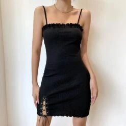 Simple Goth Side Lace Hip Drawstring Dress EE0855