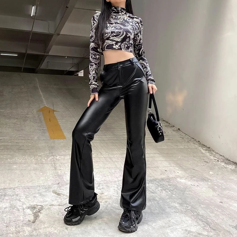 Streetwear Faux Leather Flare Pants 5 Streetwear Faux Leather Flare Pants - Image 5