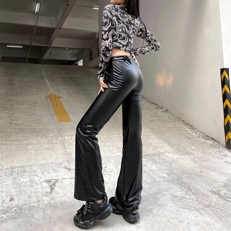 Streetwear Faux Leather Flare Pants 4 Streetwear Faux Leather Flare Pants - Image 4