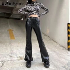 Streetwear Faux Leather Flare Pants