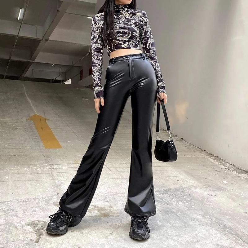 Streetwear Faux Leather Flare Pants 6 Streetwear Faux Leather Flare Pants - Image 6