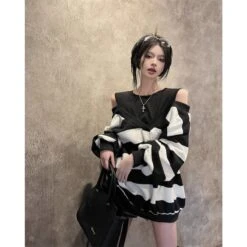 Stripe Open Shoulder Loose Sweatshirt SP18345 12 Stripe Open Shoulder Loose Sweatshirt SP18345 -EgrilDoll Fashion Outlet Store stripe open shoulder loose sweatshirt sp18345 average 832