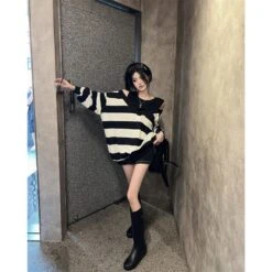 Stripe Open Shoulder Loose Sweatshirt SP18345 11 Stripe Open Shoulder Loose Sweatshirt SP18345 -EgrilDoll Fashion Outlet Store stripe open shoulder loose sweatshirt sp18345 average 936