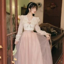 Sweet Elegant Flare Sleeve Lace Top Fairy High Waist Mesh Skirt Suit EG17098