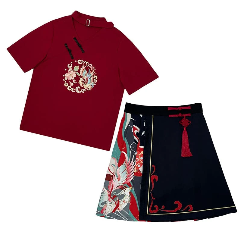 Sweet Embroidery Black Red T-shirt Skirt Set SP18903 5 Sweet Embroidery Black Red T-shirt Skirt Set SP18903 - Image 5