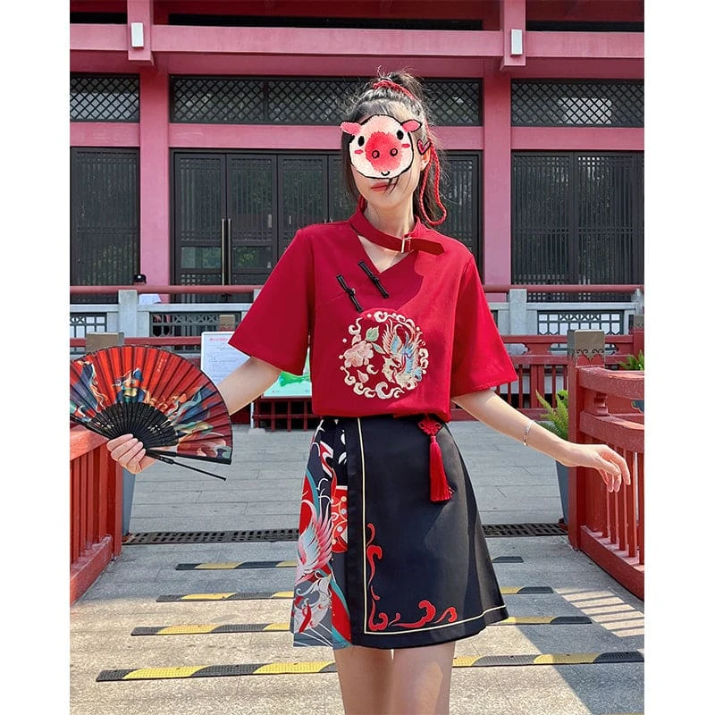 Sweet Embroidery Black Red T-shirt Skirt Set SP18903 4 Sweet Embroidery Black Red T-shirt Skirt Set SP18903 - Image 4