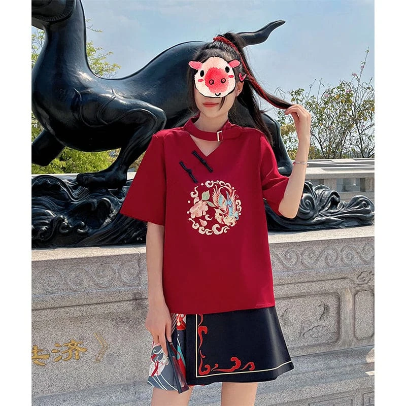 Sweet Embroidery Black Red T-shirt Skirt Set SP18903 3 Sweet Embroidery Black Red T-shirt Skirt Set SP18903 - Image 3