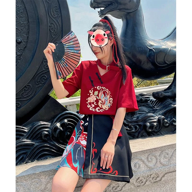 Sweet Embroidery Black Red T-shirt Skirt Set SP18903 2 Sweet Embroidery Black Red T-shirt Skirt Set SP18903 - Image 2