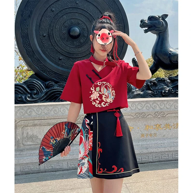 Sweet Embroidery Black Red T-shirt Skirt Set SP18903 1 Sweet Embroidery Black Red T-shirt Skirt Set SP18903