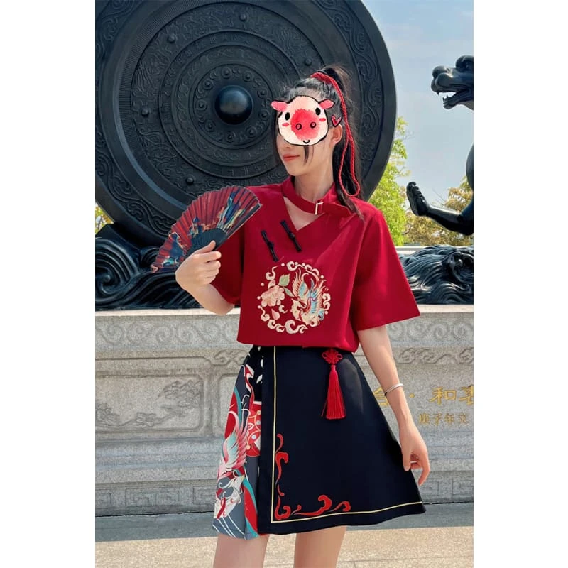 Sweet Embroidery Black Red T-shirt Skirt Set SP18903 6 Sweet Embroidery Black Red T-shirt Skirt Set SP18903 - Image 6