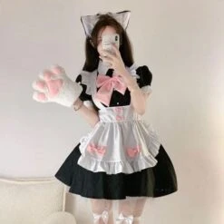 Sweet Neko Maid Pink Bows Black Dress ON263 -EgrilDoll Fashion Outlet Store sweet neko maid pink bows black dress on263 4pcsskirt apron hair accessories bow s 784