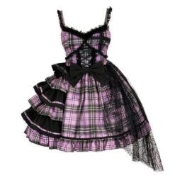 Sweet Plaided Bow Tie Halter Neck Lolita Dress Suit EG17748 -EgrilDoll Fashion Outlet Store sweet plaided bow tie halter neck lolita dress suit eg17748 black purple m 731