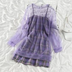 Sweet Purple Plaid Halter Dress+Mesh Sunscreen Blouse Suit EG15781