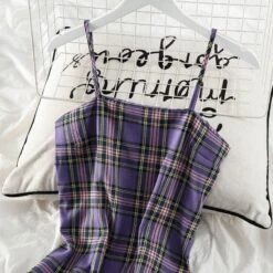 Sweet Purple Plaid Halter Dress+Mesh Sunscreen Blouse Suit EG15781 -EgrilDoll Fashion Outlet Store sweet purple plaid halter dressmesh sunscreen blouse suit eg15781 dress 555