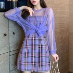 Sweet Purple Plaid Halter Dress+Mesh Sunscreen Blouse Suit EG15781 -EgrilDoll Fashion Outlet Store sweet purple plaid halter dressmesh sunscreen blouse suit eg15781 dress 872