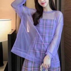 Sweet Purple Plaid Halter Dress+Mesh Sunscreen Blouse Suit EG15781 -EgrilDoll Fashion Outlet Store sweet purple plaid halter dressmesh sunscreen blouse suit eg15781 dress 996