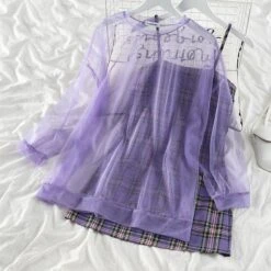 Sweet Purple Plaid Halter Dress+Mesh Sunscreen Blouse Suit EG15781 -EgrilDoll Fashion Outlet Store sweet purple plaid halter dressmesh sunscreen blouse suit eg15781 only one size dress 897