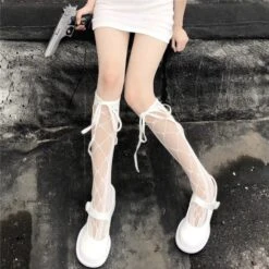 Sweet White/Black Print Kawaii Bow Lolita Over Knee Lace Stocking Tights EG16924 -EgrilDoll Fashion Outlet Store sweet whiteblack print kawaii bow lolita over knee lace stocking tights eg16924 463