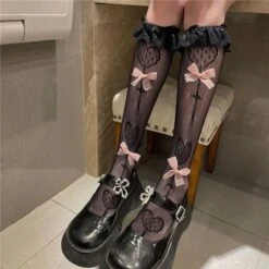 Sweet White/Black Print Kawaii Bow Lolita Over Knee Lace Stocking Tights EG16924 -EgrilDoll Fashion Outlet Store sweet whiteblack print kawaii bow lolita over knee lace stocking tights eg16924 472