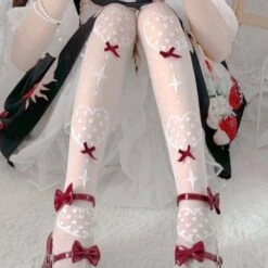 Sweet White/Black Print Kawaii Bow Lolita Over Knee Lace Stocking Tights EG16924 -EgrilDoll Fashion Outlet Store sweet whiteblack print kawaii bow lolita over knee lace stocking tights eg16924 538