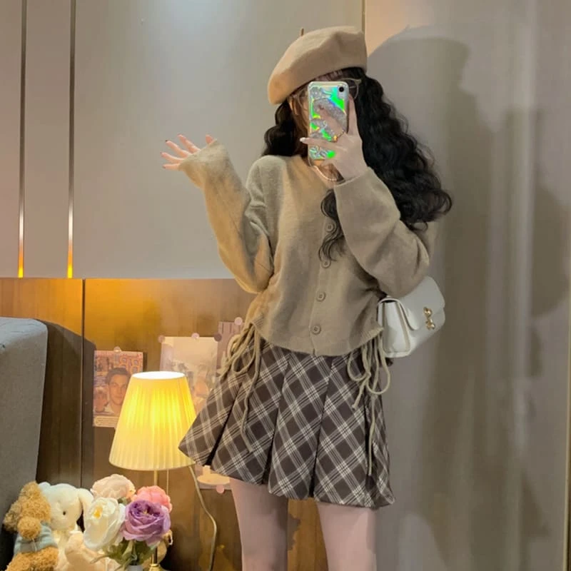 V-neck Beige Cardigan Sweater Plaid Skirt Set ON260 1 V-neck Beige Cardigan Sweater Plaid Skirt Set ON260