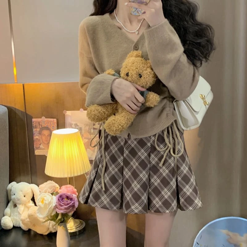 V-neck Beige Cardigan Sweater Plaid Skirt Set ON260 6 V-neck Beige Cardigan Sweater Plaid Skirt Set ON260 - Image 6