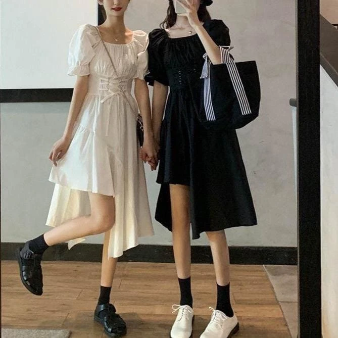 White/Black Puff Short Sleeves Irregular Long Dress EG16006 1 White/Black Puff Short Sleeves Irregular Long Dress EG16006
