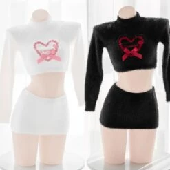 White/Black Super Soft And Warm Sweet Dress With Red Heart EE0964