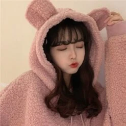 XL-4XL Plus Size Black/Pink Kawaii Bear Fluffy Hoodie EG16886 -EgrilDoll Fashion Outlet Store xl 4xl plus size blackpink kawaii bear fluffy hoodie eg16886 564