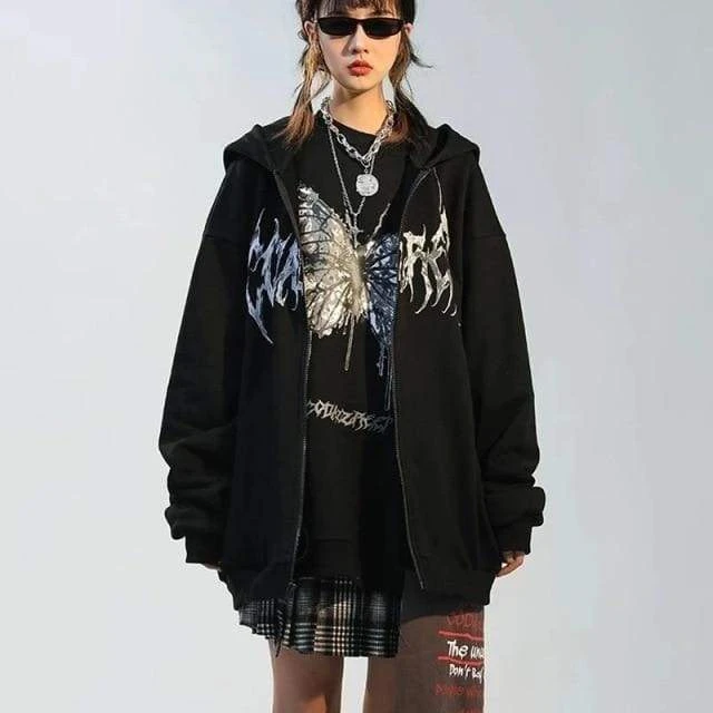 Y2K Gothic Butterfly Hoodie Punk Zip Up Harajuku Black Coat EG16685 2 Y2K Gothic Butterfly Hoodie Punk Zip Up Harajuku Black Coat EG16685 - Image 2