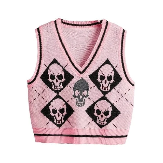 Y2K Gothic Skull Argyle Print Knitted V-neck Black Vest BE359 5 Y2K Gothic Skull Argyle Print Knitted V-neck Black Vest BE359 - Image 5