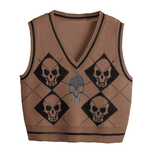 Y2K Gothic Skull Argyle Print Knitted V-neck Black Vest BE359 4 Y2K Gothic Skull Argyle Print Knitted V-neck Black Vest BE359 - Image 4
