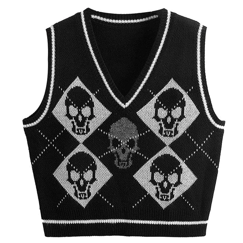 Y2K Gothic Skull Argyle Print Knitted V-neck Black Vest BE359 2 Y2K Gothic Skull Argyle Print Knitted V-neck Black Vest BE359 - Image 2