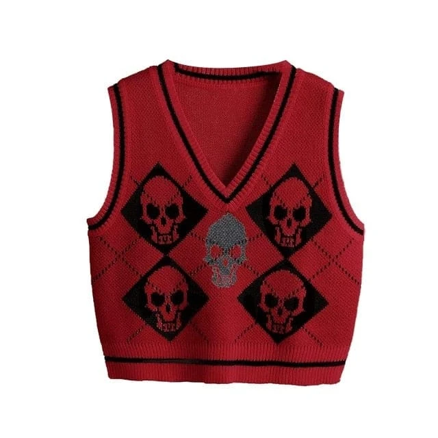 Y2K Gothic Skull Argyle Print Knitted V-neck Black Vest BE359 10 Y2K Gothic Skull Argyle Print Knitted V-neck Black Vest BE359 - Image 10