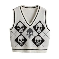 Y2K Gothic Skull Argyle Print Knitted V-neck Black Vest BE359 17 Y2K Gothic Skull Argyle Print Knitted V-neck Black Vest BE359 -EgrilDoll Fashion Outlet Store y2k gothic skull argyle print knitted v neck black vest be359 805