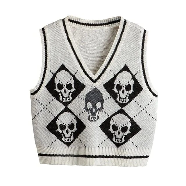 Y2K Gothic Skull Argyle Print Knitted V-neck Black Vest BE359 8 Y2K Gothic Skull Argyle Print Knitted V-neck Black Vest BE359 - Image 8