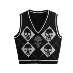 Y2K Gothic Skull Argyle Print Knitted V-neck Black Vest BE359 12 Y2K Gothic Skull Argyle Print Knitted V-neck Black Vest BE359 -EgrilDoll Fashion Outlet Store y2k gothic skull argyle print knitted v neck black vest be359 822