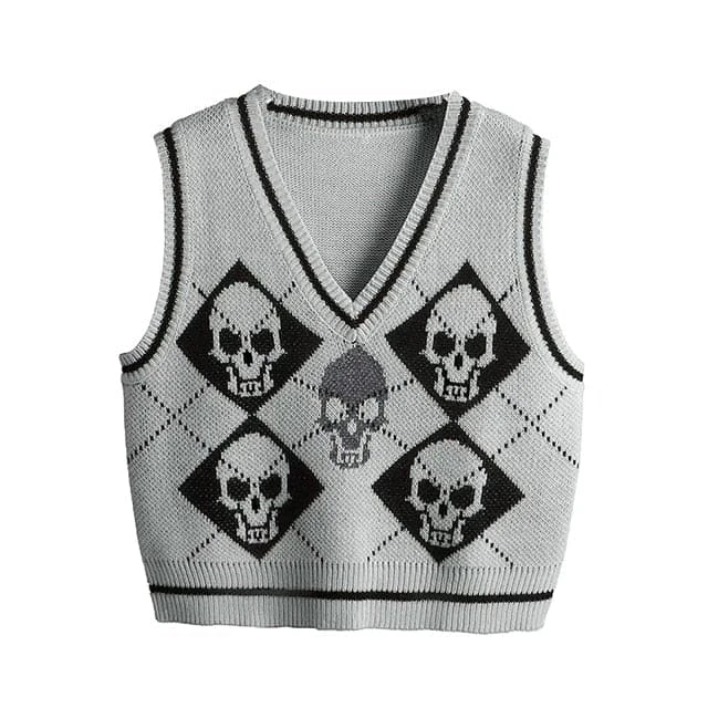 Y2K Gothic Skull Argyle Print Knitted V-neck Black Vest BE359 9 Y2K Gothic Skull Argyle Print Knitted V-neck Black Vest BE359 - Image 9