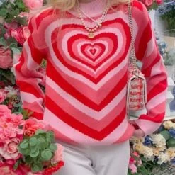 Y2K Heart Striped Sweet Pullover Elegant Round Neck Sweater BE206