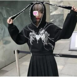 Y2K Lace Rabbit Hat Harajuku Print O-neck Punk Hoodie EG17328