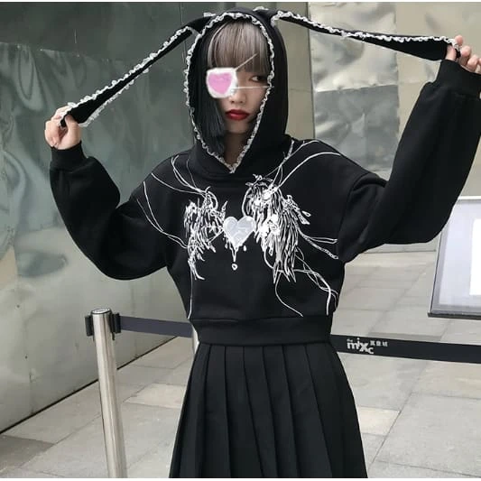 Y2K Lace Rabbit Hat Harajuku Print O-neck Punk Hoodie EG17328 2 Y2K Lace Rabbit Hat Harajuku Print O-neck Punk Hoodie EG17328 - Image 2