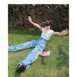 Y2K Style Denim Baggy Blue Bear Pants ON625 -EgrilDoll Fashion Outlet Store y2k style denim baggy blue bear pants on625 jeans 152