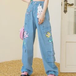 Y2K Style Denim Baggy Blue Bear Pants ON625