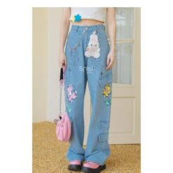 Y2K Style Denim Baggy Blue Bear Pants ON625 -EgrilDoll Fashion Outlet Store y2k style denim baggy blue bear pants on625 jeans 572