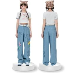 Y2K Style Denim Baggy Blue Bear Pants ON625 -EgrilDoll Fashion Outlet Store y2k style denim baggy blue bear pants on625 jeans 582