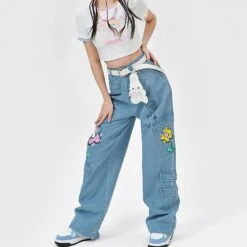 Y2K Style Denim Baggy Blue Bear Pants ON625 -EgrilDoll Fashion Outlet Store y2k style denim baggy blue bear pants on625 jeans 832
