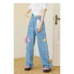 Y2K Style Denim Baggy Blue Bear Pants ON625 -EgrilDoll Fashion Outlet Store y2k style denim baggy blue bear pants on625 jeans 943